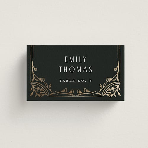 This is a onyx wedding place cards with foil pressed by Nicoletta Savod called majesty printing on signature in placecard