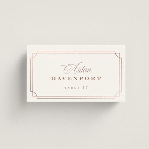 This is a rose wedding place cards with foil pressed by chocomocacino called fleur-de-sel printing on signature in placecard