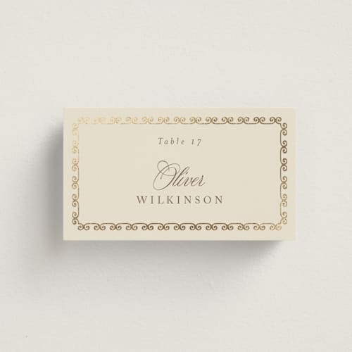 This is a champagne wedding place cards with foil pressed by Deynaaz Daraei called ahlum printing on signature in placecard