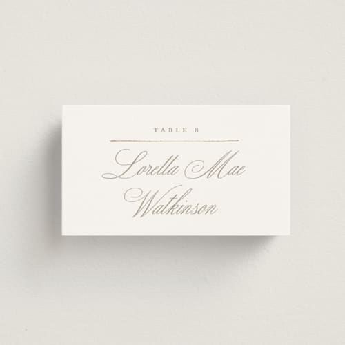 This is a chantilly wedding place cards with foil pressed by Wildfield Paper Co called romantic wreath printing on signature in placecard