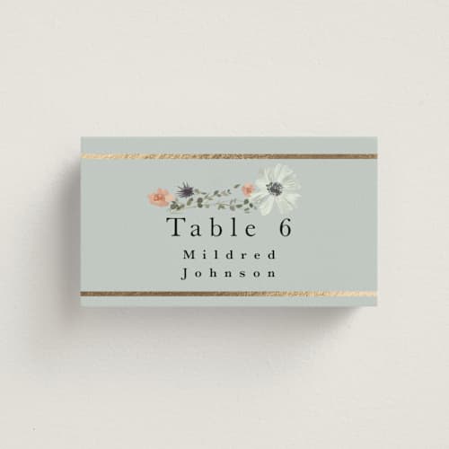This is a mist wedding place cards with foil pressed by Hannah Williams called blue garden printing on signature in placecard
