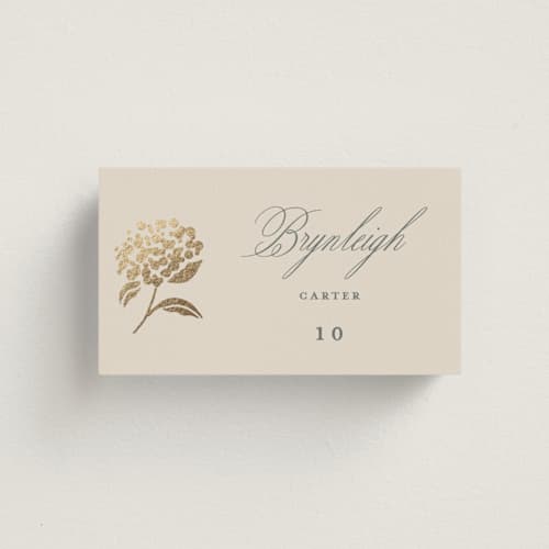 This is a tea time wedding place cards with foil pressed by Susan Zinader called shimmering hydrangeas printing on signature in placecard