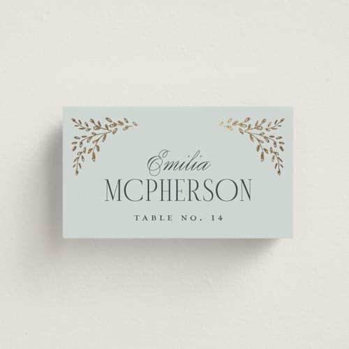 This is a mist wedding place cards with foil pressed by Laura Hankins called enchanted printing on signature in placecard