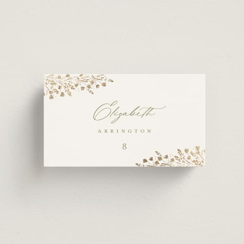 This is a leaf wedding place cards with foil pressed by Kristie Kern called villa printing on signature in placecard