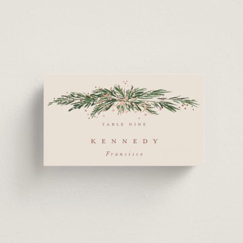 This is a latte wedding place cards with foil pressed by Leah Bisch called winter garland printing on signature in placecard
