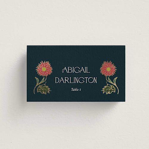 This is a midnight garden wedding place cards with foil pressed by Simona Camp called gilded tapestry printing on signature in placecard