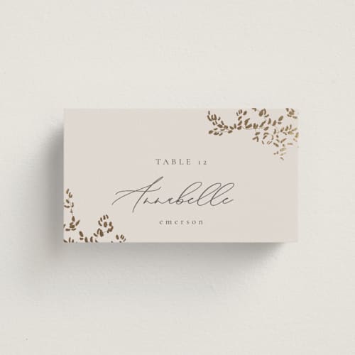 This is a luxe neutral wedding place cards with foil pressed by Design Lotus called forever and a day printing on signature in placecard
