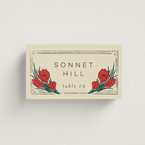 This is a birch wedding place cards with foil pressed by Shiny Penny Studio called deco spring florals printing on signature in placecard