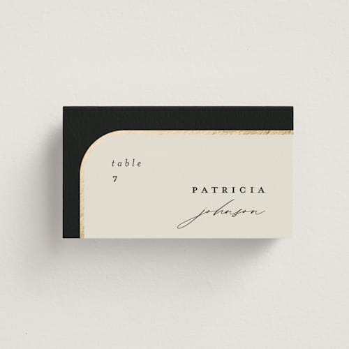 This is a black tie wedding place cards with foil pressed by Carolyn Nicks called tuxedo printing on signature in placecard