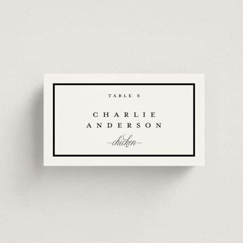 This is a noir wedding place cards with standard by mo kelley called the day printing on signature in placecard