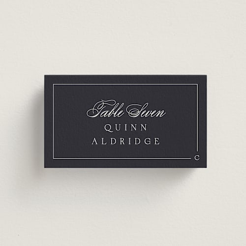 This is a ebony wedding place cards with standard by Emily Sabol Goss called flowing printing on signature in placecard