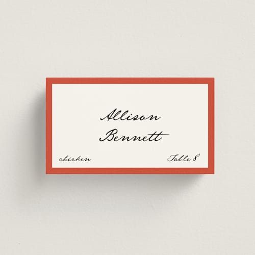 This is a strawberry wedding place cards with standard by Kelly Watkins called juniper printing on signature in placecard