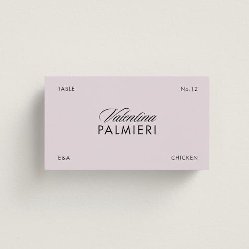 This is a lilac wedding place cards with standard by Tamara Hilje called cinematique printing on signature in placecard