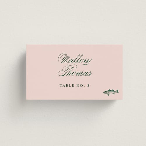 This is a rose wedding place cards with standard by Megan Davis called hepburn printing on signature in placecard