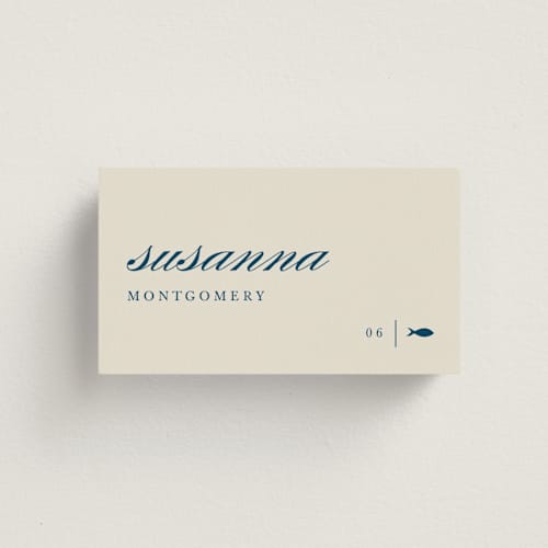 This is a linen wedding place cards with standard by Sierra Lee called scripted printing on signature in placecard