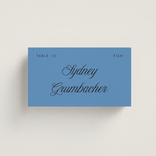 This is a cerulean wedding place cards with standard by Morgan Kendall called santorini printing on signature in placecard