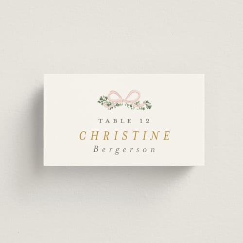 This is a blush wedding place cards with standard by Itsy Belle Studio called ribbonly frame printing on signature in placecard
