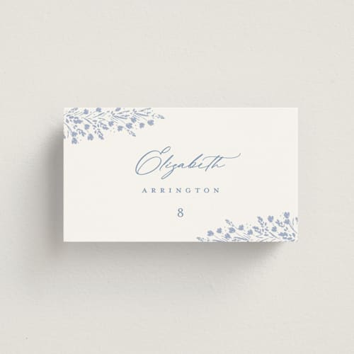 This is a periwinkle wedding place cards with standard by Kristie Kern called villa printing on signature in placecard