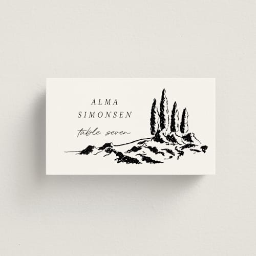 This is a noir wedding place cards with standard by Shiny Penny Studio called countryside villa printing on signature in placecard