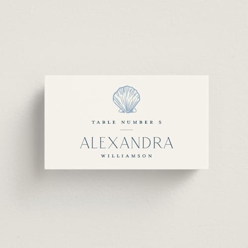 This is a sea wedding place cards with standard by Jenna Holcomb called coastal toile printing on signature in placecard
