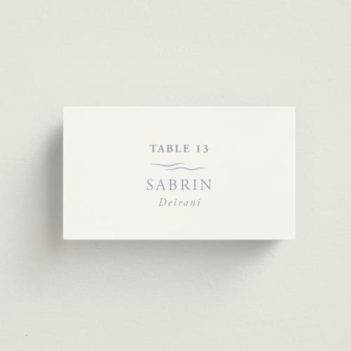 This is a pale cerulean wedding place cards with standard by Sabrin Deirani called ocean dreams printing on signature in placecard