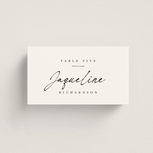 This is a linen wedding place cards with standard by Ana de Sousa called scripted elegance printing on signature in placecard