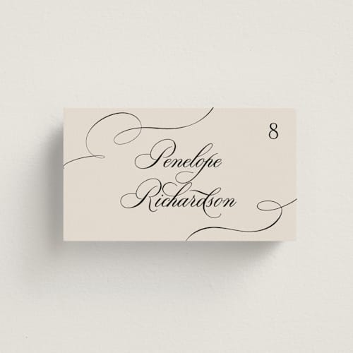 This is a black tie wedding place cards with standard by Hooray Creative called scripted names printing on signature in placecard