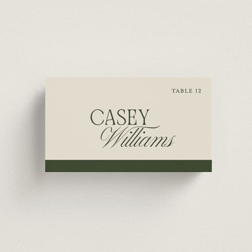 This is a moss wedding place cards with standard by Kelly Watkins called literary printing on signature in placecard