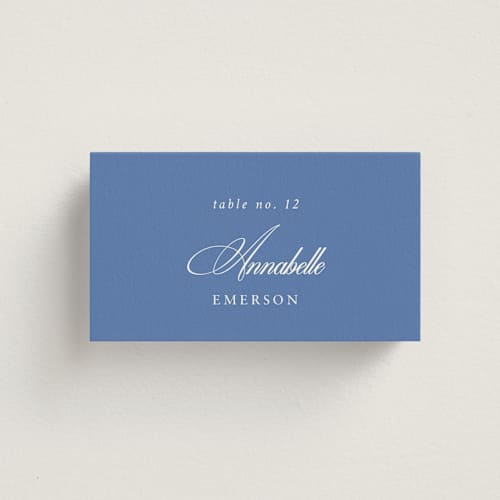 This is a blue mist wedding place cards with standard by Design Lotus called amalfi blue printing on signature in placecard