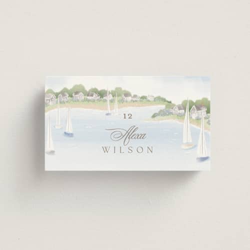 This is a aqua wedding place cards with standard by Jennifer Wick called bristol printing on signature in placecard