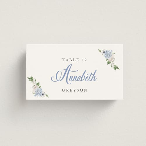 This is a periwinkle wedding place cards with standard by Design Lotus called sweethearts printing on signature in placecard
