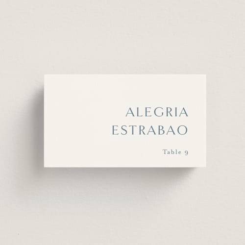 This is a dusty blue wedding place cards with standard by Jennifer Postorino called graceful printing on signature in placecard