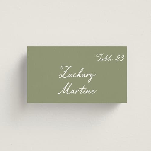 This is a moss wedding place cards with standard by Cass Loh called handwritten printing on signature in placecard