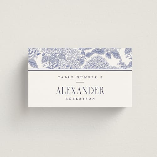 This is a periwinkle wedding place cards with standard by Jenna Holcomb called southern charm toile printing on signature in placecard