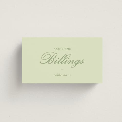 This is a mint wedding place cards with standard by Sara Hicks Malone called montgomery printing on signature in placecard