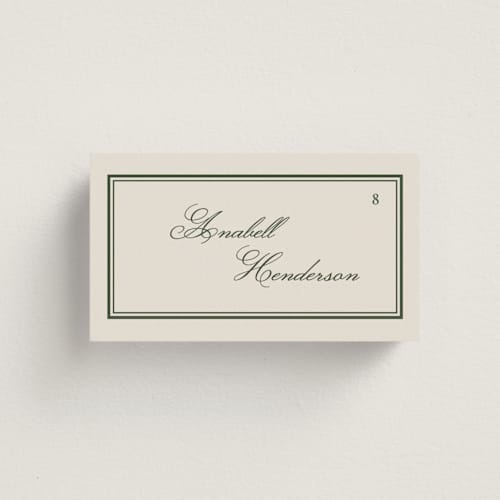 This is a evergreen wedding place cards with standard by Kelly Watkins called emerson printing on signature in placecard