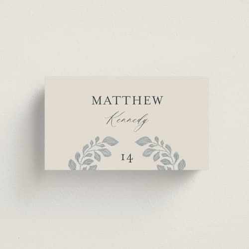 This is a dusty blue wedding place cards with standard by Jen Owens called embroidered printing on signature in placecard
