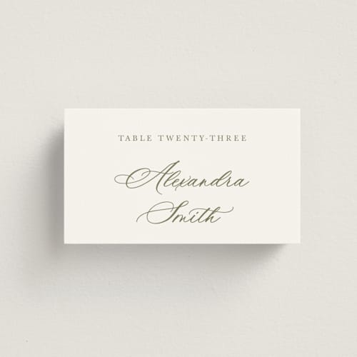 This is a moss wedding place cards with standard by Cass Loh called watercolor flowers crest printing on signature in placecard