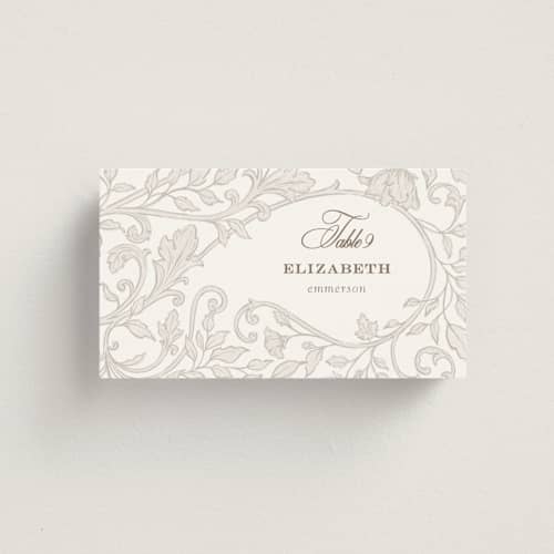 This is a natural wedding place cards with standard by BR Designs called vintage flourishes printing on signature in placecard