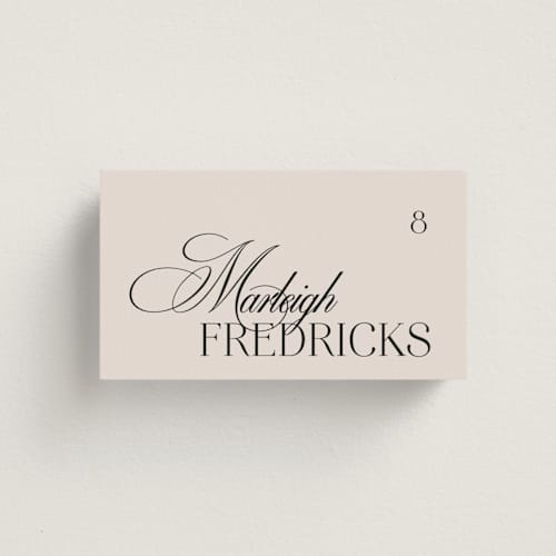 This is a ivory wedding place cards with standard by Melanie Kosuge called sibonie printing on signature in placecard