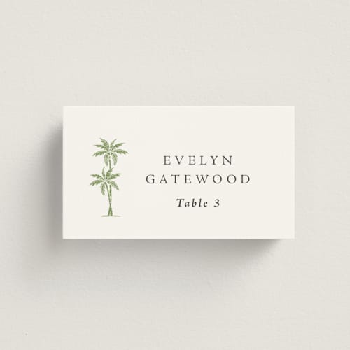 This is a leaf wedding place cards with standard by Olivia Raufman called palm monogram printing on signature in placecard