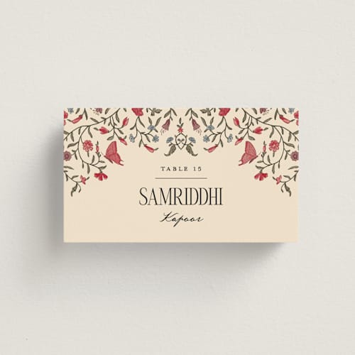This is a almond wedding place cards with standard by Jenna Holcomb called tapestry printing on signature in placecard