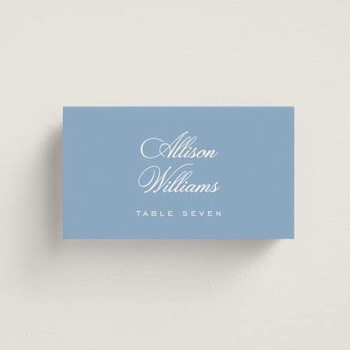 This is a bluebell wedding place cards with standard by Jessica Williams called marenza printing on signature in placecard