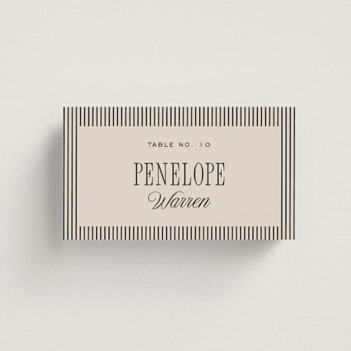This is a noir wedding place cards with standard by Pixel and Hank called linea printing on signature in placecard