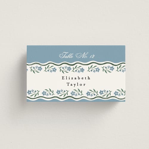This is a periwinkle wedding place cards with standard by Alethea and Ruth called sweet vintage printing on signature in placecard