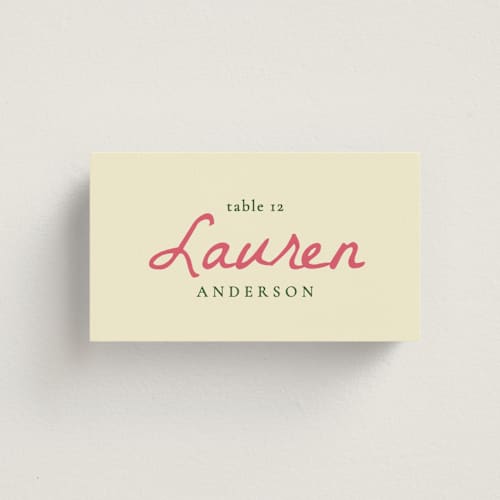 This is a blush wedding place cards with standard by Emily Miranda called romantic tropical wedding printing on signature in placecard