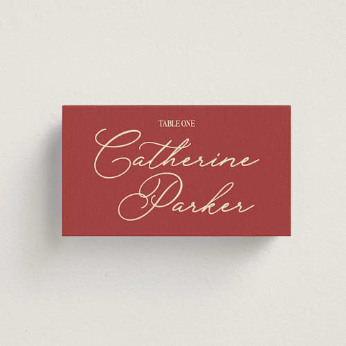This is a burgundy wedding place cards with standard by Helena Vitto called elizabeth printing on signature in placecard