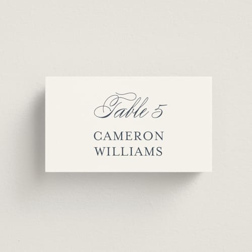 This is a french blue wedding place cards with standard by Jennifer Postorino called ariah printing on signature in placecard