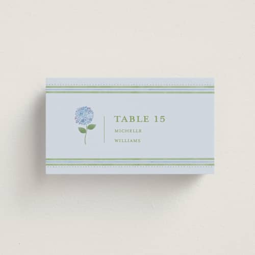 This is a coastal wedding place cards with standard by Madhvi Samimi called hydrangea vines printing on signature in placecard