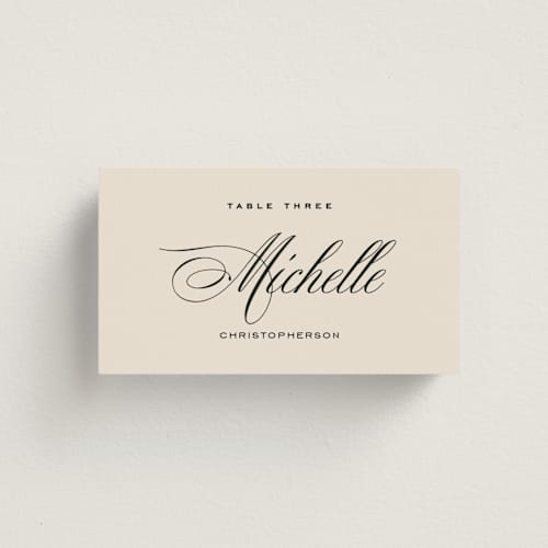 This is a almond wedding place cards with standard by Eric Clegg called modern romance printing on signature in placecard